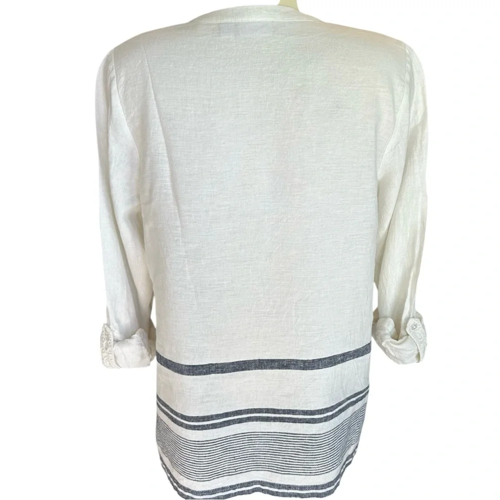 Kim Rogers Women’s Roll Tab Linen Blend Adjustable Sleeve V-Neck Beachy Top PM - Picture 3 of 8